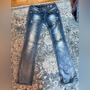 Miss Me Distressed Blue Flare Jeans- low rise flare studded jeans